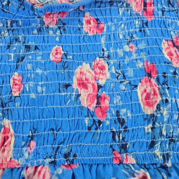 Andree Unit Wom Med NWT Blue Pink Floral Smocked Off Shoulder Short Sleeve Top - Picture 8 of 10